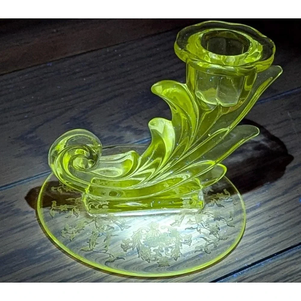 Vintage Clear Glass Cornucopia Candlestick Etched Floral UV Reactive Glows 4.25